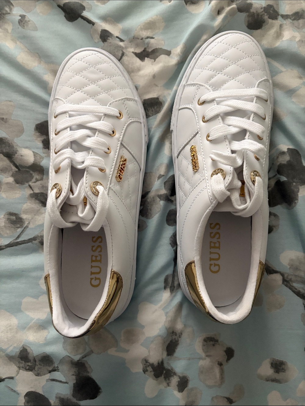 GUESS White Quilted Sneakers with Gold Accents